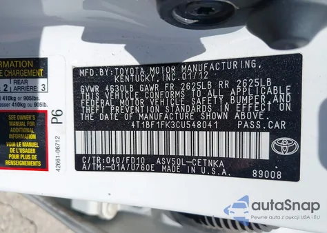 2012 Toyota Camry Le из США, поврежденный, VIN 4T1BF1FK3CU548041